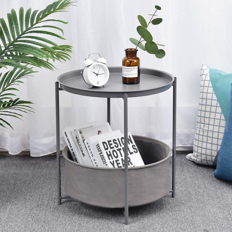 TOOLF End Table, Metal Nightstand, Coffee Round Table, Sofa Side Snack Table with Detachable Tray Top and Fabric Storage Basket, Scandi Style Table for Living Room Bedroom (Dark Grey) - Image 2